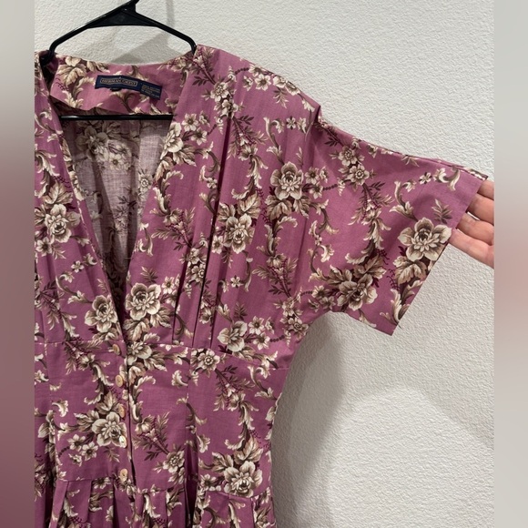 Vintage Herman Geist 100% Cotton Floral Retro Fit Maxi Purple Cream Dress 12 - Picture 4 of 14